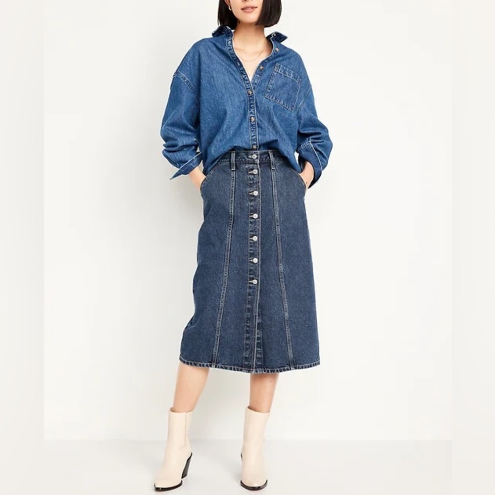 NWT Old Navy High Waisted Button Front Blue Jean Midi Skirt Classic Denim 16